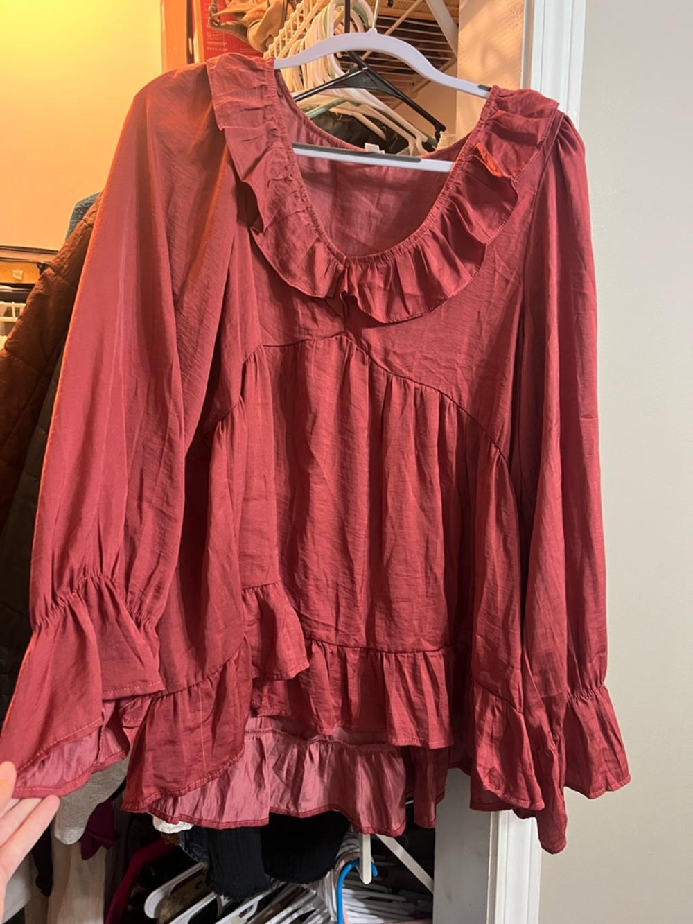glam Rose-Rust Ruffle Trim Long Sleeve Blouse